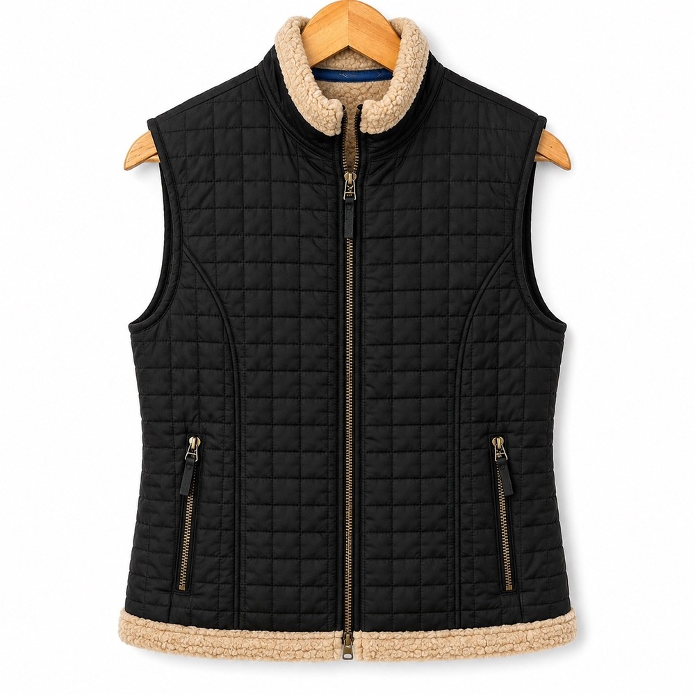 Tsunami Womens Black Quilted Puffer Vest Faux Shearling Trim Full Zip S